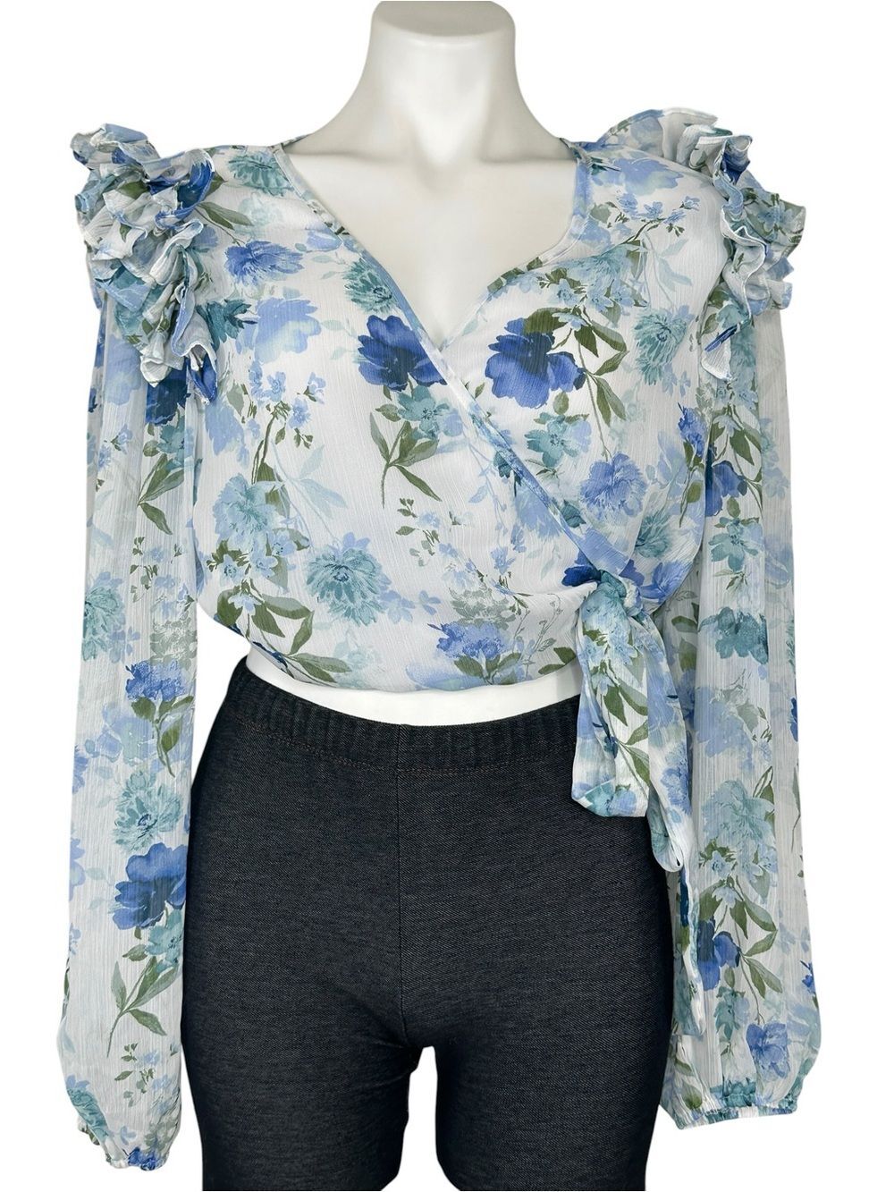 Fate Floral Ruffle Long-Sleeve Crop Top - Blue Large - Picture 3 of 7